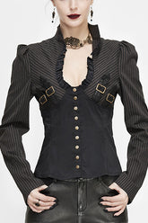 Schwarz und Kaffee gestreifte niedrige Kragen Sexy Damen Punk Bluse